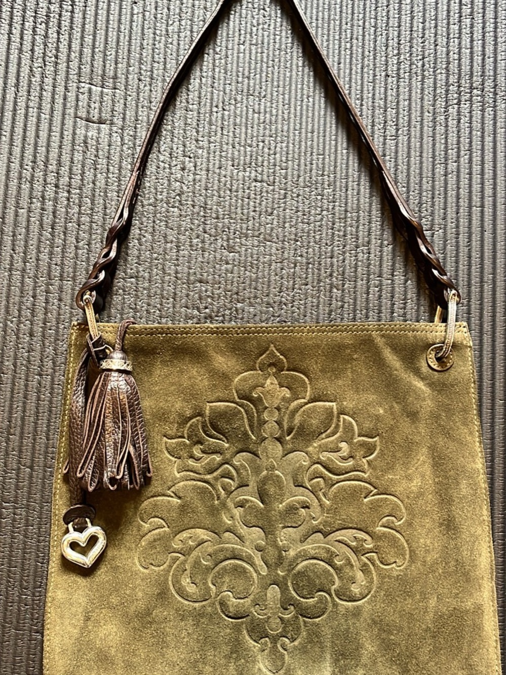 Olive Green Suede Shoulder Bag with Tassel